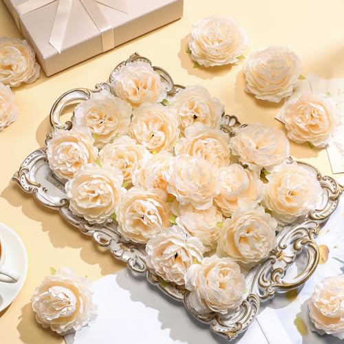 Thiccywoov 200 Pcs Flowers Long Stem Artificial Rose Bulk, 3.2 Inches Silk Rose Head Flowers Faux for Wedding Bridal Bouquet Independence Day Home Floral DIY Centerpieces Party Decoration(Champagne) - color: Champagne
