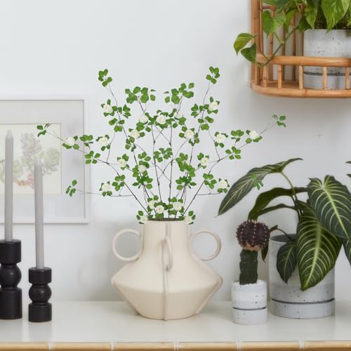3 Pcs Artificial Greenery Stems Plants with White Roses Flowers 29.5" Faux Branches for Vase Filler Fake Ficus Twig Plants for Home Office Party Wedding Shop Spring Summer Fall Decoration