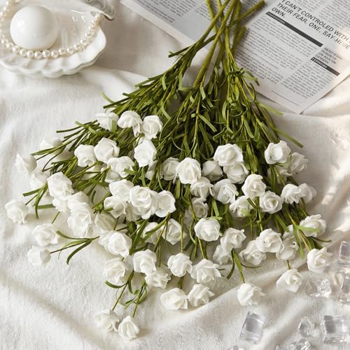 6 Pcs Mini White Rose Artificial Flower Bouquet Mini Fake Roses with Long Stem Realistic Foam Rose Bouquets for Bride Shower Wedding Party Table Centerpieces Home Decor Ation Gift for Women