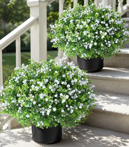 Fake Plants Artificial Flowers for Outdoors Decor, 2 Pack Fake Potted Plants Baby Breath With Green Eucalyptus Look Real UV Resistant Artificial Greenery with Pot for Outside Porch Garden Patio Yard - color: Green - Baby Breath