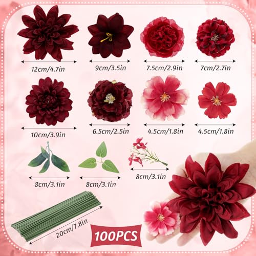 Janinka 100 Pcs Red Assorted Fake Flower Heads with Long Stem Mini Artificial Flower Bulk Mix Silk Faux Daisy for Crafts Fake Peony Rose for DIY Wedding Party Wreath Home Decoration - color: Red