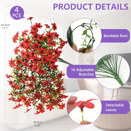 Artificial Hanging Baskets Outdoor, 4 Bundles Artificial Hanging Flowers Outdoors Spring Summer Decoration, No Fade Realistic Fake Hanging Baskets for Porch Patio Balcony Home Yard Decor - color: Red