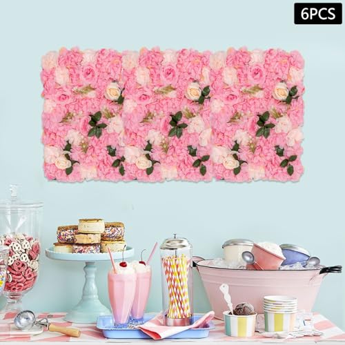 Set of 6 Artificial Flower Wall Panels, 3D Silk Rose & Dahlia Outdoor Decor, Waterproof Garden Wall Flowers for Balcony Fence, Patio, Wedding Backdrop (Dark Pink) - color: Dark Pink