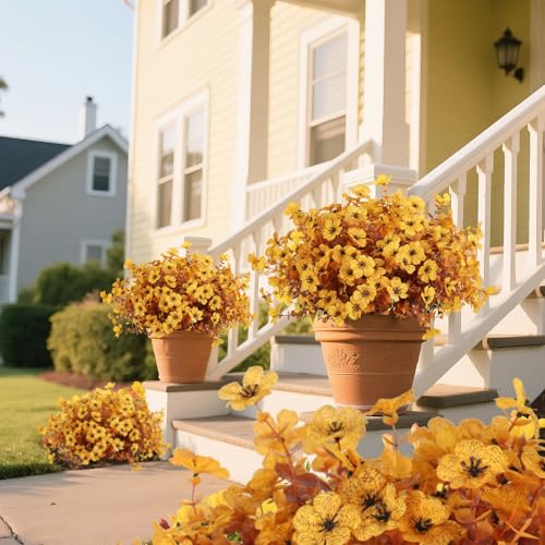 RECUTMS 12 Bundles Faux Mums Fake Fall Flowers Artificial Outdoor Plants | Brown Artificial Flowers UV Resistant Flowers Outdoor Faux Plants Faux Petunia for Porch Home Wedding Thanksgiving Decor - color: Eviolet Brown