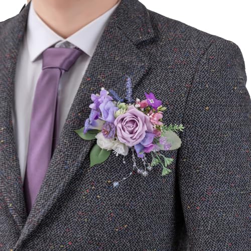 TINGE TIME Luxury Groom Boutonniere for Wedding, 1 PCS Pocket Boutonniere for Men, Artificial Corsage for Wedding, Prom, Homecoming, Anniversary, Graduation (Violet&Mistyrose) - color: Violet & Misty Rose