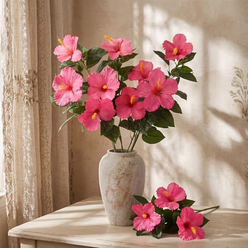 Hotop 3 Pack Artificial Hibiscus Flowers 33"x13" Silk & Plastic Tropical Bouquets Lifelike Blooms with Bendable Stems Faux Hawaiian Flowers for Home Living Room Wedding Patio (Rose Red) - color: Rose Red