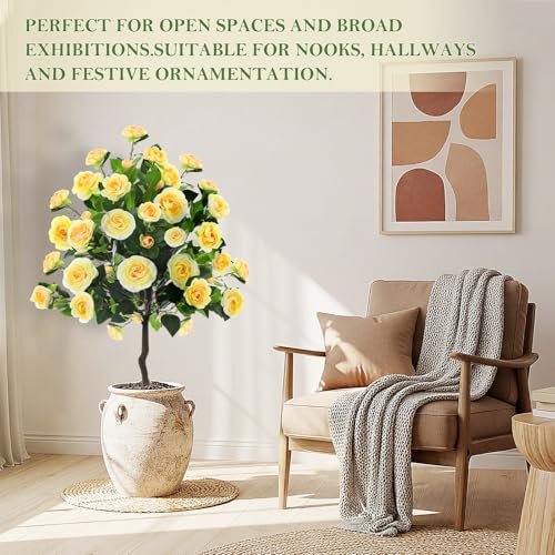 Lunmon 2 Pack 4ft Artificial Camellia Plants Tree 48" Faux Camellia Flower with Spike (Without Vase) UV Resistant Realistic Fake Floral Blooming for Outdoor Front Door Porch Backyard Garden, Yellow - color: Yellow, size: 4 ft