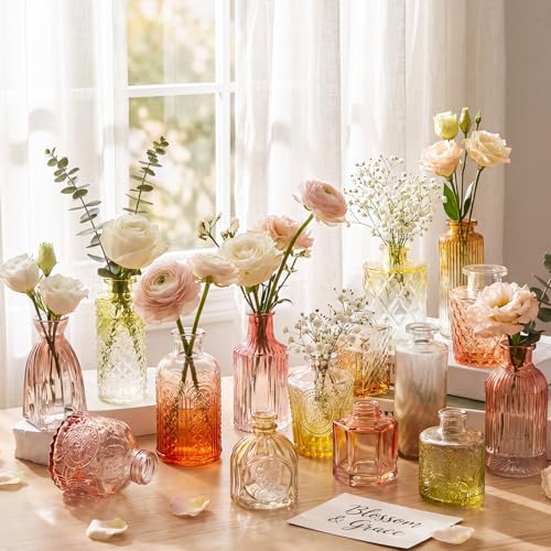 Yaomiao 30 Pcs Vases Bulk Colored Flower Glass Vases Bud Vintage Colored Glass Bottles Colorful Rustic Embossed for Home Wedding Table Decorations Gifts(Orange Yellow Gradient Series) - color: Orange Yellow Gradient Series