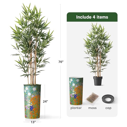Artificial Tree in Colorful Flower Pattern Planter, Fake Bamboo Silk Tree for Indoor and Outdoor Home Decoration - 70" Overall Tall (Plant Pot Plus Tree) - style: Bamboo