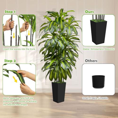 6FT Artificial Dracaena Tree Indoor Fake Tree Tall Plant with Black Planter Faux Plants Indoor Living Room Artificial Plants Indoor Decor Large Fake Plant - color: Black, size: 6ft