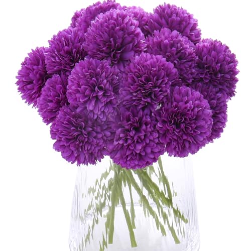 Kimura's Cabin 20Pcs Fake Chrysanthemum Flowers Artificial Silk Mums with Stem Ball Flowers for Halloween Bouquets Arrangement Home Party Table Centerpieces Decor Vase Fillers(Dark Purple) - color: Dark Purple