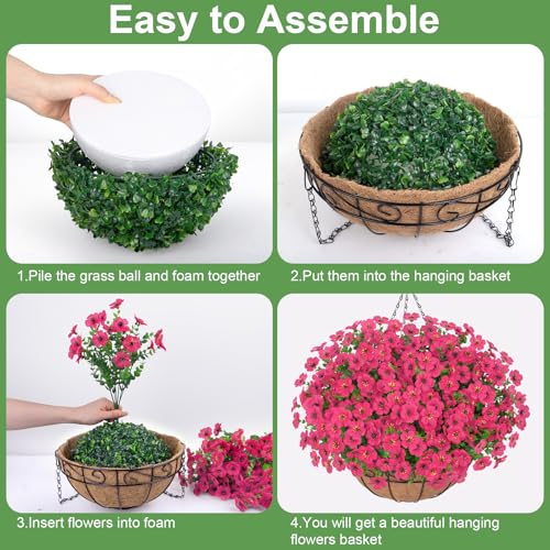 Bassion Artificial Hanging Flowers for Outdoors, UV Resistant Silk Flowers Basket Fuchsia Faux Daisy with Eucalyptus Leaves Hanging Fake Plants for Porch Balcony Patio Home Spring Summer Decoration - color: Fuchsia
