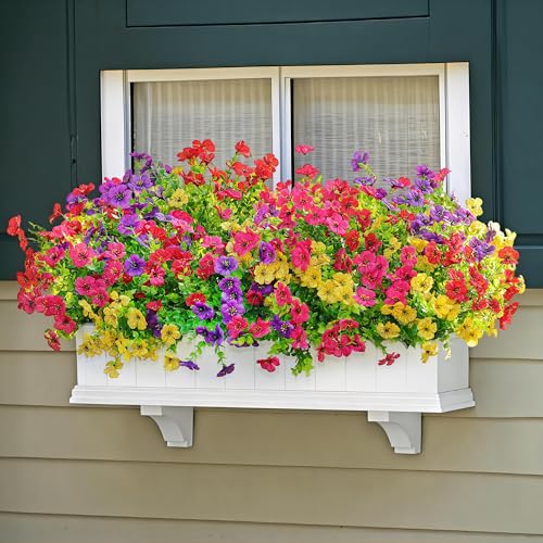 16 Bundles Artificial Fake Flowers Plants for Outdoors Spring Summer Decor,Faux Flowers Plant Silk Daisy UV Resistant for Outside Planters Front Porch Patio Yard Garden Home(Red,Purple,Yellow,Fuchsia) - color: Mix Red Purple Yellow Fuchsia