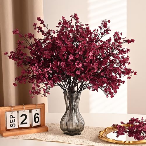 Waipfaru 15Pcs Fake Flowers Babys Breath Silk Artificial Flowers Gypsophila Bouquets Bulk Real Touch Fall Stems for Fall Thanksgiving Autumn DIY Floral Arrangement Table Centerpieces, Wine Red - color: Burgundy, size: 15pcs