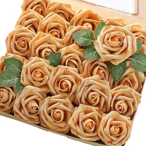 Higfra Artificial Flowers 50 Stems Realistic Roses - Lifelike Fake Flowers for Wedding Bouquets, Baby Shower Decor, Home Centerpieces, DIY Floral Arrangements (Gold, 50Pcs) - color: Gold, size: 50Pcs