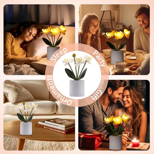 WSYEAR Flower Lamp Christmas Gifts for Her Women Wife Artificial Orchid Flower 3 Branches in White Pot, Realistic Fake Butterfly Orchid Bonsai for Living Room Decor - color: ORCHID
