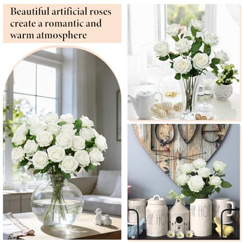 Ouddy Decor 20 Pcs White Roses Artificial Silk Flowers Fake Roses Bouquet with Long Stems for Mother's Day Decor Wedding Home Party Table Centerpieces Bridal Bouquet DIY Floral Arrangment, White - color: White, size: 20 Packs
