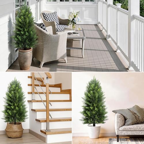 Joyooss 3FT Artificial Cedar Topiary Ball Trees Outdoor Fake Plants Faux Plants Front Porch Decor for Indoor Outdoor Garden Plant 2 Pack Fake Evergreen Bush UV Resistant with Ground Spike - size: 3FT