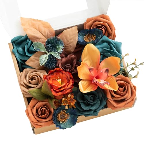 Ling's moment Fake Flowers Box, Faux Artificial Greenery Stems Foam Roses Gardenia Silk Poppy Orchid Fabic Flower for Centerpieces Bouquet Wedding Vase Decorations, Teal & Burnt Orange, Mini Combo - color: Teal & Burnt Orange