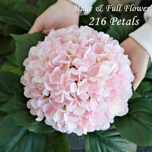 JINWOE Pink Flowers Silk Artificial Hydrangeas, 4Pcs 22" Lifelike Large Silk Flowers with Stems, Artificial Flowers for Wedding Bouquet Table Centerpieces Outdoor Home - color: Light Pink