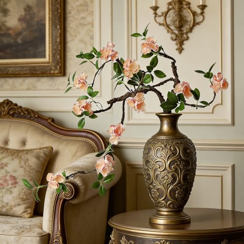 2PCS Artificial Plum Blossom Branches 31.3” Fake Cherry Blossom Flower Faux Silk Flowers for Wedding Bridal Bouquet Wreath Table Centerpiece Outdoor Decor (Champagne)