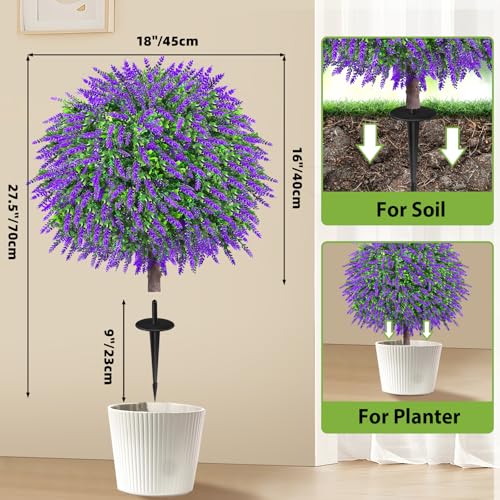 27.5" Artificial Lavender Boxwood Topiary Ball Trees, Set of 2 Fake Shrubs Bushes with Ground Spike, UV Resistant Faux Evergreen Tree for Front Porch Outdoor Garden Decor - color: Purple Lavender