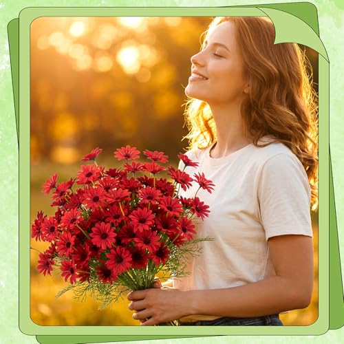 Giegxin 100 Pcs Artificial Daisy Flowers Bulk Realistic Fake Daisies Faux Wildflower Daisy UV Resistant Silk Fake Flowers Plants for Outside Wedding Garden Home Table Decor (Red) - color: Red