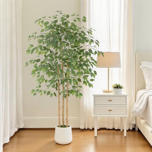Bellacat 5ft Artificial Ficus Tree with White Decorative Planter & Multiple Real Wood Trunks, 60in Fake Ficus Tree with Lifelike Leaves, Faux Ficus Tree for Living Room Bedroom Office Decor - color: White Decorative Planter, size: 5ft