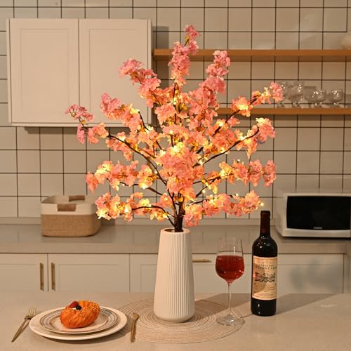 Sunm Boutique 3 PCS Silk Cherry Blossom Branches - Lighted Brown Twig Branches, Artificial White Flower Stems, 39'' Faux Tree for Wedding Home Decor - color: Pink Cherry Blossom With Tree Led Light, size: Pack of 3