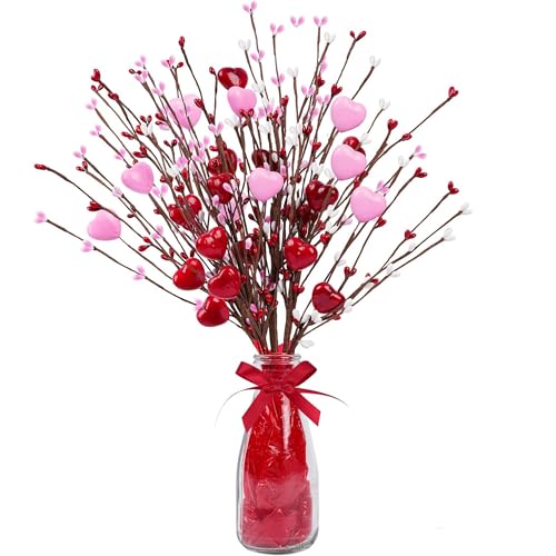 Valentine’s Day Gifts, Artificial Red Berry Flower Stems Heart Shaped Berry Picks 4 Pcs for Valentine’s Day, Mother’s Day Chrismas, Wedding, Propose(NO VASE) - color: Pink and Red