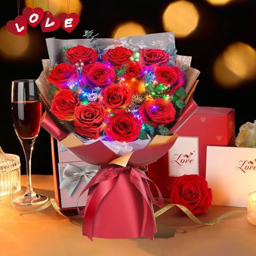 ADDWel 12 Preserved Real Roses Bouquet for Her, Forever Red Flowers with LED Lights, Anniversary Birthday Gifts for Wife Girlfriend Mom, Elegant Home Decor - color: Preserved Red Roses Bouquet - 12 Roses