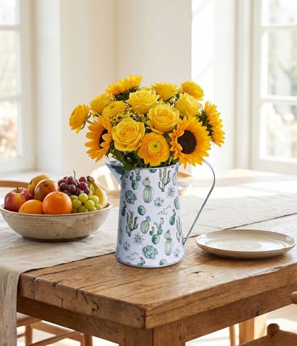 Yoillione White Metal Flower Vase with Cactus Pattern, Jug Pitcher Vase with Handle for Country Farmhouse Table Decor - color: Cactus, size: Small