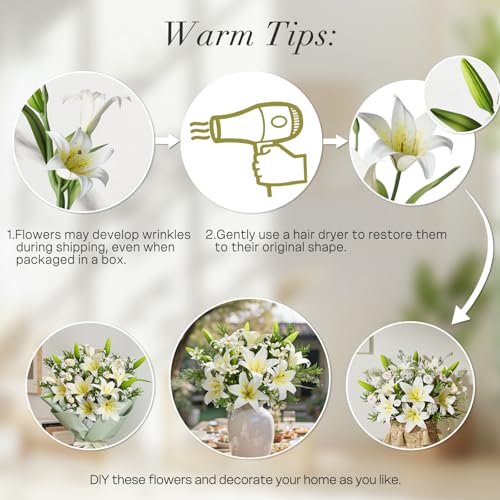 18 Artificial Lily Flowers with 12 Heads Fully Bloomed Lilies and 6 Buds, Short Stem Tiger Lily Artificial Flowers for Home Hotel Flower Arrangement Party Decor (White) - color: White