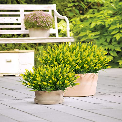obbsie 12 Bundles Artificial Plants Outdoor, 18.2" UV Resistant Faux Monkey Grass Greenery Stems No Fade Faux Plastic Flowers Shrubs for Home Weddings Garden Porch Front Patio Office Decor - Yellow - color: Yellow, size: 12 Pcs