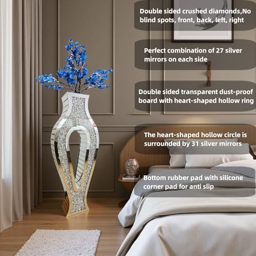 30'' Large Double Sided Crushed Diamond Vase, Tall Mirrored Sliver Vases for Floor,Decorative Vase with High-end Hollow Out Design for Home,Office,Hotel (11.8" L x 5.37" W x 30" H) - size: 11.8" L x 5.37" W x 30" H