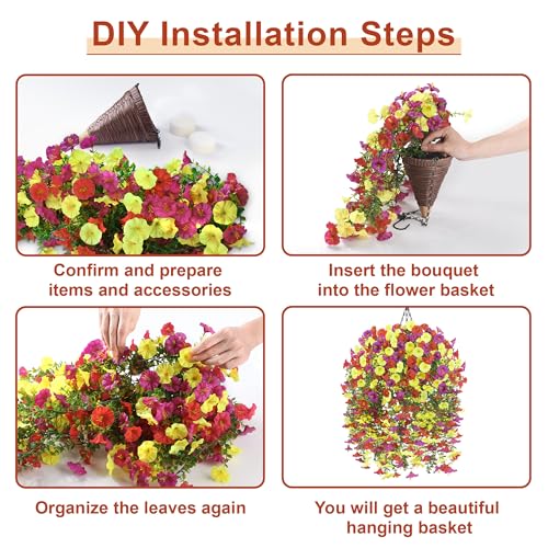 Artificial Hanging Flowers with Basket, 480 Blooms UV Resistant Faux Morning Glory Silk Plants, Fast & Easy Assembly Fake Hanging Baskets for Outdoor Porch Patio Garden Decor, Purple&Yellow&Red - color: Purple&yellow&red