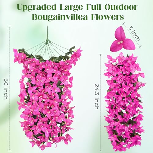 2Pcs Artificial Flowers Fake Hanging Plants for Outdoors | UV Resistant Realistic Silk Bougainvillea for Porch Patio Balcony Decoration (Purple) - color: Purple, size: 2 Pcs