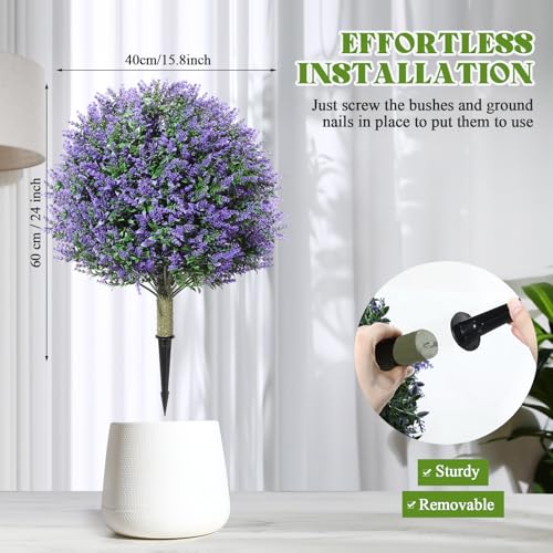 Lunmon 2 Pack 24" Artificial Topiary Ball Plants Trees with Flowers, Outdoor Fake Topiary Plants with Ground Spike, UV Resistant Faux Bushes for Indoor Outdoor Front Door Decor(Purple,Rose) - color: Purple, style: Rose