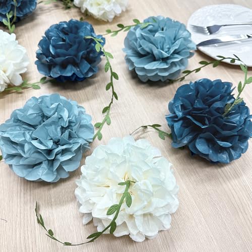 Dusty Blue Party Decorations Dusty Navy Blue Beige Tissue Paper Flowers Pom Pom with Leaf Ribbon Hanging Garland Streamer for Birthday Baby Shower Wedding Graduation Retirement Nautical Party Supplies - color: Dusty Blue Beige