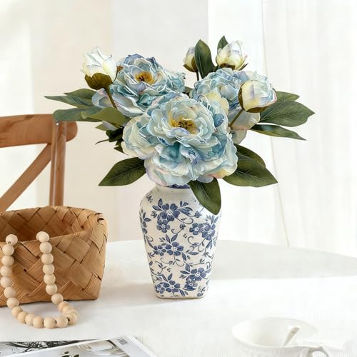 4 PCS Premium White Peonies Artificial Flowers,19.2’’Fake Faux Silk Peonies for Centerpieces Wedding Home Decor (4, Blue) - color: Blue