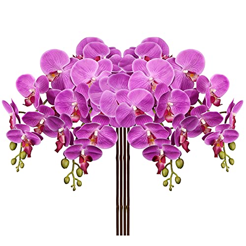 4 Pcs Artificial Orchid Flowers 9 Large Heads of Real Touch Vivid Phalaenopsis Orchid Flower Stem 36'' Tall, Artificial Flowers Branches for Home Decor, Office House Decoration-Purple Phalaenopsis - color: Purple #10