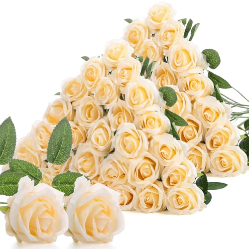 Jexine 60 PCS Artificial Roses Bulk Silk Flowers with Long Stems, Realistic Faux Rose Bouquet for Wedding Centerpieces, Valentine’s Party, Decor Home (Champagne) - color: Champagne
