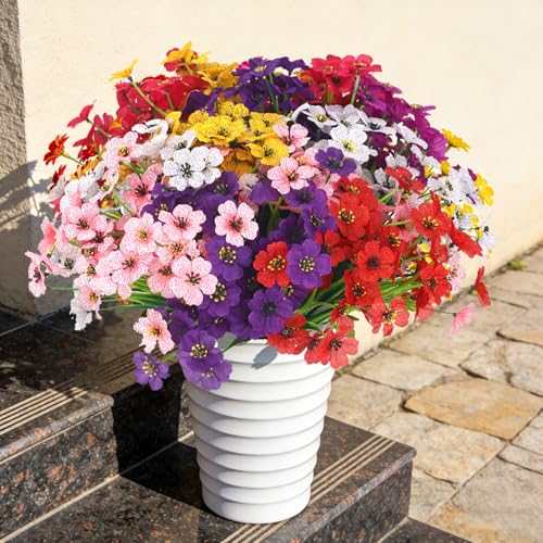 16 Bundles Artificial Flowers for Outdoors UV Resistant Faux Plastic Plants Fake Silk Flowers for Outside Garden Patio Porch Window Box Decoration