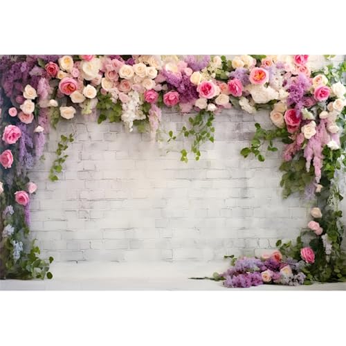YongFoto Retro White Brick Wall Floral Arch Backdrop 15x10ft Rose Flowers Vine Leaves Photography Background Birthday Bridal Shower Wedding Party Banner Room Decor Portraits Photoshoot Wallpaper - size: 15ftx10ft