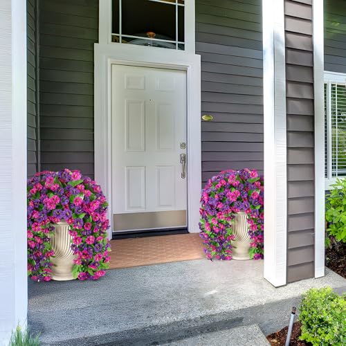 Artificial Fake Hanging Flowers Plants for Outdoor Decoration, 2PCS Faux Silk Morning Glory Long Vines Stems UV Resistant Look Real for Spring Summer Outside Home Porch Patio(Violet Red Purple) - color: Purple Violet