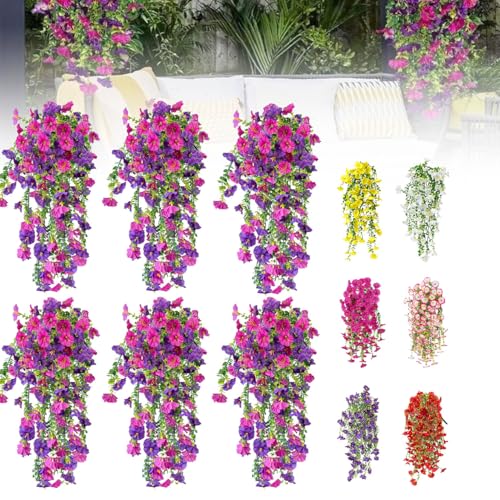 Artificial Flowers for Outdoors Fake Morning Glory Hanging Flower Decoration, 6 Pcs Realistic Faux Plants Petunias Trailing Vines, Spring Decor for Porch Patio Balcony Planter Yard(Purple+Fuchsia) - color: Purple+fuchsia, size: 6 Pcs