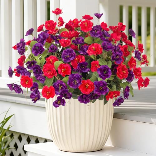Artificial Flowers for Outdoors, 6 Bundles Silk Fake Hibiscus Flowers for Spring Summer Decoration, UV Resistant Fake Plants Plastic Bouquet for Home Planter Porch Patio Yard Decor(Red Purple) - color: Red,purple