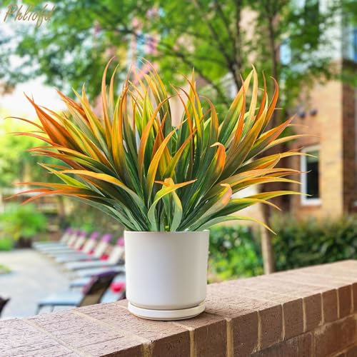 32 Pcs Artificial Grass Fake Plants 17.3in Outdoor Plastic Plants UV Resistant Greenery Fake Grass for Home Window Garden Office Patio Hanging Planter Pathway Front Porch Décor Orange Yellow - color: Yellow, size: 32 Pcs