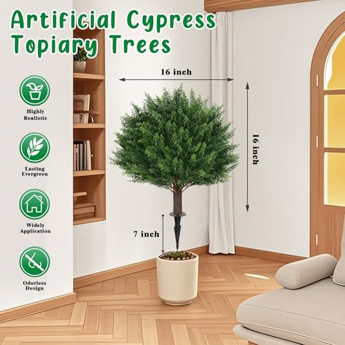 Grooy Artificial Cypress Topiary Tree with Ground Spike, Set of 4 Artificial Shrub Bushes, Fake Evergreen Tree for Porch, Artificial Plants for Outdoor Planters Indoor UV Resistant - color: Cedar Tree 4pc