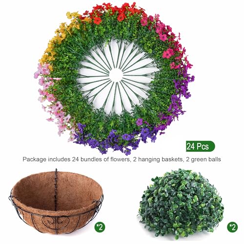 HyeFlora 2 Set Artificial Outdoor Flowers Hanging Basket, Faux Hanging Plants for Outside Spring Decoration, Fake Silk UV Resistant Look Real Daisy for Porch Patio Home Decor - color: 6 Multicolor